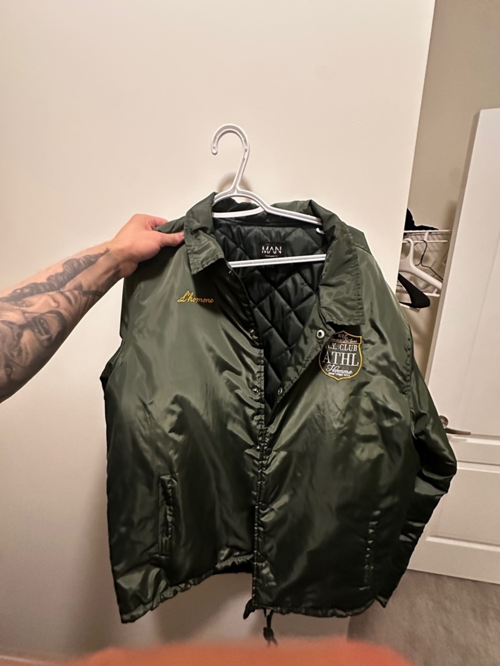 Boohoo Men's Olive Green Quilted Lined Bomber Jacket